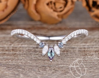 Custom Curved Matching Band Marquise Alexandrite Wedding Band Antique Cluster Ring Guard Rose Gold Chevron Band Ring Enhancer Women Gift