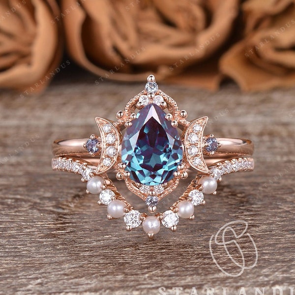 Unique Pear Shaped Alexandrite Bridal Set Lab Alexandrite Engagement Ring Pearl Wedding Band Moon Crystal Ring Vintage Moissanite Ring