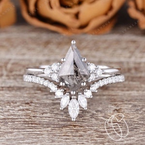 Natural Kite Cut Salt and Pepper Diamond Engagement Ring Set White Sold Unique Kite Diamond Ring Vintage Bridal Ring Set Promise Ring Women