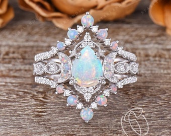 Pear Shaped Opal Engagement Ring Set White Gold Moissanite Ring Set Moon Ring Unique Bridal Set 3pcs Stacking Band Halo Ring Art Deco