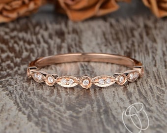 Art Deco Wedding Band Women Rose Gold Wedding Ring Retro Antique Matching Half Eternity Antique Wedding Band Stacking Gift Promise For Her