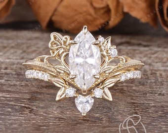 Vintage Marquise Moissanite Wedding Ring Set Yellow Gold Butterfly Nature Inspired Design Leaf Ring Art Deco Bridal Set Milgrain Ring 2pcs