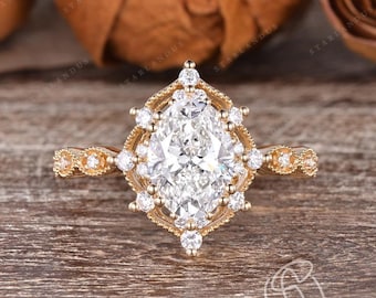 1.5ct Oval Moissanite Ring Oval Moissanite Engagement Ring White Gold Art Deco Antique Flower Halo Ring Vintage Style Colorless Moissanite