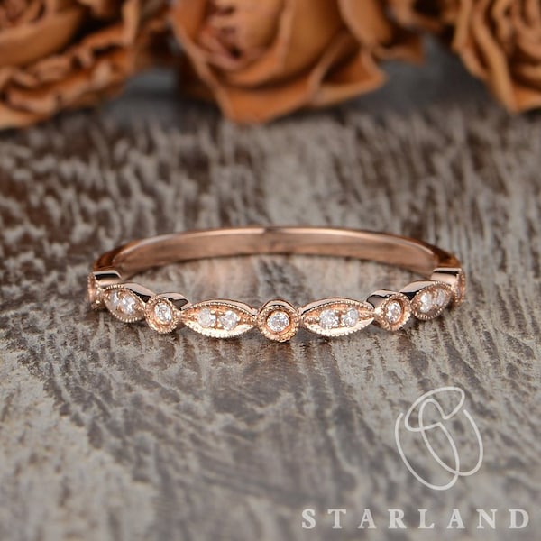 Art Deco Wedding Band Women Rose Gold Wedding Ring Retro Antique Matching Half Eternity Antique Wedding Band Stacking Gift Promise For Her