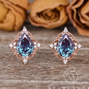 Pear Shaped Earrings Silver Stud Earrings Antique Lab Alexandrite Vine Solid 14K Rose Gold Vintage Inspired Earrings 2pcs Butterfly Studs