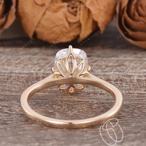 Cushion Cut Moissanite Engagement Ring Hiddden Halo Unique Elongated Moissanite Ring Flower Ring Yellow Gold Solitaire Simple Wedding Ring