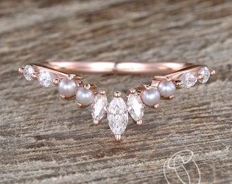 Marquise Moissanite Pearl Ring Cluster Curved Matching Band Women Rose Gold Marquise Ring Stacking Custom Fit Band Chevron Birthstone Crown