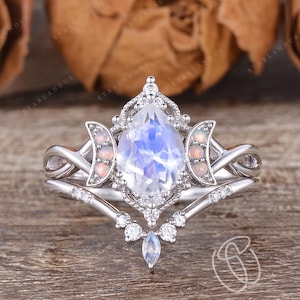 Vintage Pear Cut Moonstone Engagement Ring Set Moonstone Ring Unique Inspired Moon Ring One of a kind Twisted Ring Bridal Set Wedding Ring