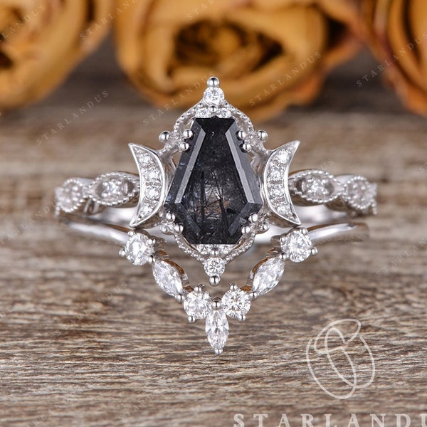 Salt and Pepper Crystal Ring Coffin Cut Black Rutilated Quartz Engagement Rings Moon Inspired White Gold Stacking 2pcs  Flower Hexagon Ring