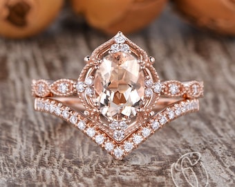 1.2ct Morganite Bridal Set 2pcs Art deco Engagement Ring Flower Band Oval Wedding Ring Women Antique Bridal Set Stackable Ring Milgrain Ring