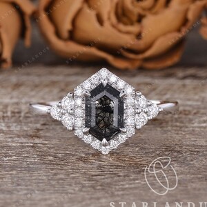 Cluster Engagement Ring White Gold Hexagon Black Rutilated Quartz White Gold Engagement Ring Women Solitaire Geometric Salt And Pepper
