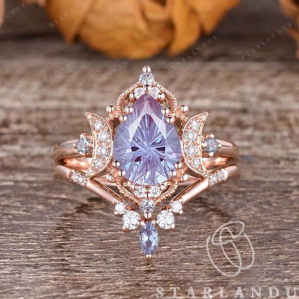 Unique Firework Cut Alexandrite Engagement Ring Rose Gold Moon Bridal Set Pear Shaped June Birthstone Wedding Ring Set Anniversary Gift
