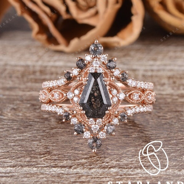 Unique Coffin Cut Salt and Pepper Crystal Ring 3pcs Rose Gold Black Rutilated Quartz Engagement Ring Gothic Ring Vintage Crystal Bridal Ring