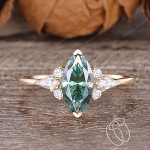 Vintage Marquise Shaped Teal Moissanite Engagement Ring Yellow Gold Ring Cluster Ring Wedding Ring Unique Art Deco Ring Anniversary Ring