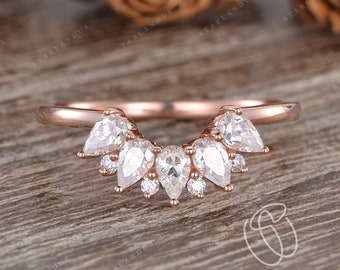 Custom Pear Shaped Curved Matching Band Star Moissanite Wedding Band Mini Peacock Cluster Ring Guard Rose Gold Chevron Band Ring Enhancer