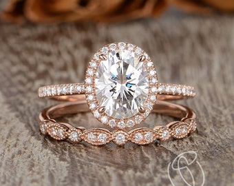 2ct Oval Moissanite Bridal Set Art Deco Rings Moissanite Engagement Ring Rose Gold Wedding Band Women Vintage Ring Set 2pcs Claw Prongs