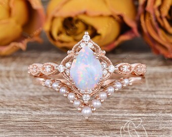 Vintage Lab White Opal Engagement Ring Pearl Chevron Wedding Band Rose Gold Vine Ring Pink Fire Flower Stacking Ring Unique Pear opal Ring