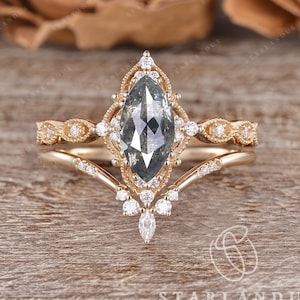 Unique Marquise Salt and Pepper Diamond Engagement Ring Vintage Diamond Ring Wedding Ring Antique Ring Set Flower Boho ring Promise Ring