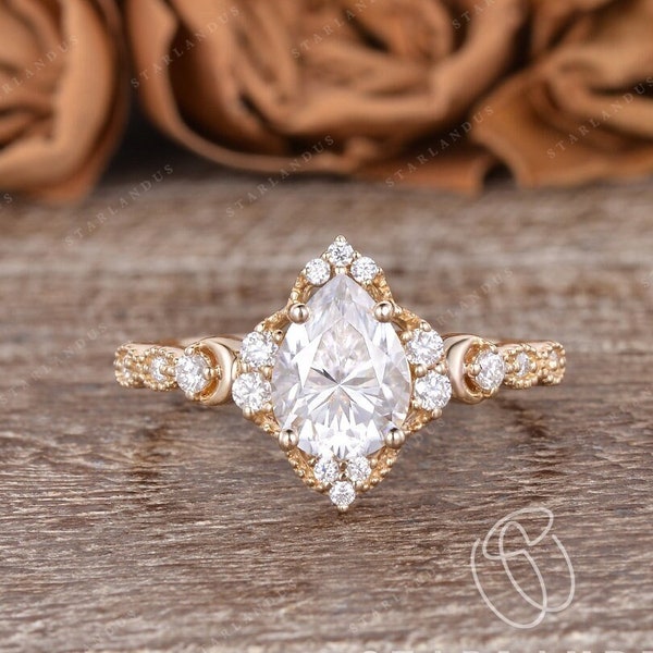 Vintage Pear Shaped Moissanite Engagement Ring Yellow Gold Crescent Bridal Ring Art Deco Moon Ring Unique Cluster Ring Anniversary Gift