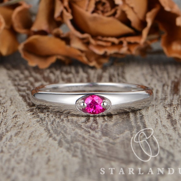 Natural Ruby Ring White Gold Unique Minimalist Ring For Unisex Adult Couple Band Engagement Ring July Birthstone Wedding Anniversary Gift