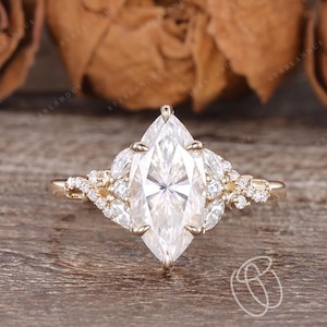 Vintage Marquise Cut Moissanite Engagement Ring Unique Inpired Leaf Ring Yellow Gold Wedding Ring Promise Ring Anniversary Ring Bridal Ring