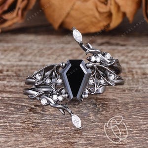 Unique Vampire Goth Engagement Ring Set Coffin Shaped Black Moissanite Black Gold Ring Bat Ring Spider Ring Leaf Inspired Ring Bridal Set
