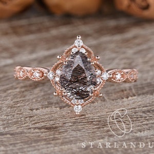 Black Rutilated Quartz Engagement Ring 1ct Engagement Ring Rose Gold Unique Black Gemstone Salt and Pepper Crystal Mystic Crystal Antique