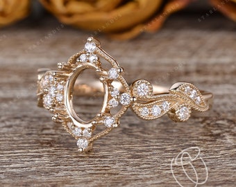Antique Yellow Gold Custom Semi Mount Ring Setting Vintage Inspired Oval Halo Engagement Ring Art Deco Antique Setting Milgrain Vine Cluster