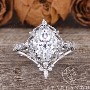 3ct Moissanite Engagement Ring Art Deco Oval Halo Bridal Set 2pcs Vintage Moissanite Ring Vine Inspired Marquise Chevron Wedding Band Women
