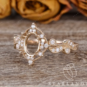 Antique Yellow Gold Custom Semi Mount Ring Setting Vintage Inspired Oval Halo Engagement Ring Art Deco Antique Setting Milgrain Vine Cluster