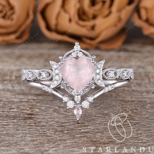 Heart Shaped Rose Quartz Moon Inspired Ring 2pcs Solid 14K White Gold Ring Unique Art Deco Engagement Ring Crystal Ring Pink Quartz Stacking