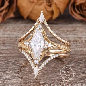Vintage Marquise Cut Moissanite Engagement Ring Set 3pcs Yellow Gold Unique  Filigree Wedding Ring Set Boho Ring Milgrain Art Deco Bridal