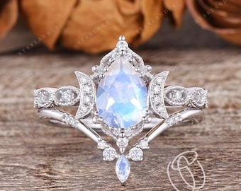 Unique Moonstone Engagement Ring Pear Shaped Bridal Set 2pcs Unique Vine Half Moon Floral Ring Rose Gold Wedding Ring Marquise Moonstone