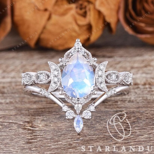 Unique Moonstone Engagement Ring Pear Shaped Bridal Set 2pcs Unique Vine Half Moon Floral Ring Rose Gold Wedding Ring Marquise Moonstone