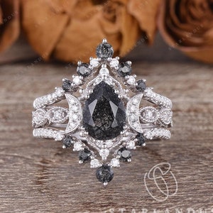 Salt and Pepper Crystal Ring 3pcs White Gold Moon Engagement Ring Black Rutilated Quartz Ring Crystal Engagement Ring Pear Shaped Halo Ring