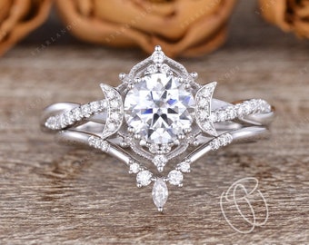 0.5ct Lab Grown Diamond Ring Set White Gold Bridal Set 2pcs Infinity Engagement Ring size carat choice Boho Art Deco Marquise Wedding Band