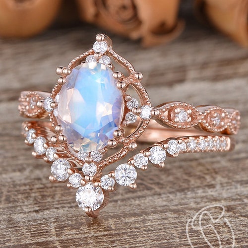 Unique Moonstone Engagement Ring Rose Gold Bridal Set Antique - Etsy
