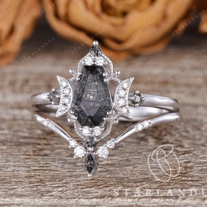Coffin Cut Black Rutilated Quartz Ring Set 2pcs White Gold Engagement Ring Unique Crystal Engagement Ring Cluster Ring Antique Chevron Gift