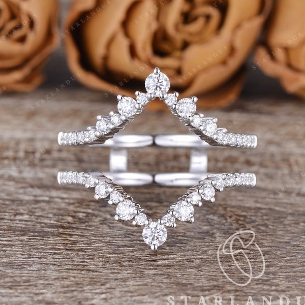 Vintage Style White Gold Wedding Band Women Wrap Ring Cage Wedding Band Custom Fit Cluster Ring Stacking Moissanite Ring Enhancer Chevron