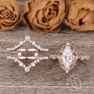 Marquise Cut Moissanite Engagement Ring Set 2pcs Rose Gold Moissanite Curved Wedding Band Enhancer Ring Bridal Set Anniversary Gift For Her