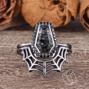 Gothic Coffin Cut Ring Black Rutilated Quartz Engagement Ring Set Black Gold Ring Unique Spider Web Wedding Ring Set Crystal Goth Witch Ring