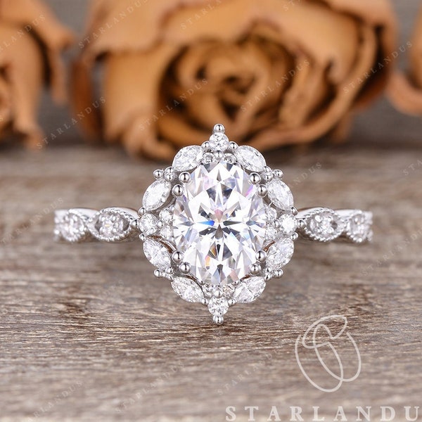 1.5ct Oval Moissanite Engagement Ring Oval White Gold Engagement Ring Art Deco Antique Flower Halo Ring Vintage Style Marquise Moissanite