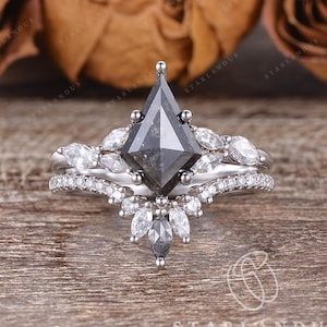 Kite Cut Salt and Pepper Diamond Engagement Ring Set 2pcs White Gold Marquise Diamond Wedding Band Unique Bridal Set Diamond Wedding Ring