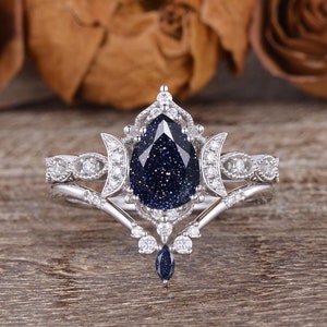 Unique Blue Sandstone Ring Set 2pcs Blue Goldstone Engagement Ring in Silver Ring White Gold Engagement Ring Pear Shaped Vintage sandstone