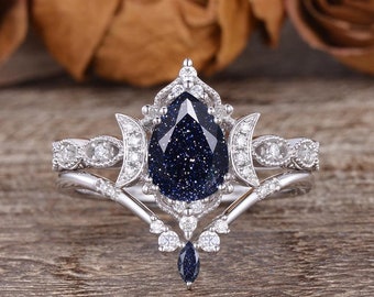 Unique Blue Sandstone Ring Set 2pcs Blue Goldstone Engagement Ring in Silver Ring White Gold Engagement Ring Pear Shaped Vintage sandstone