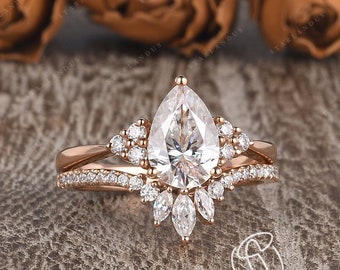 1.5-3ct Pear Shaped Moissanite Bridal Set Moissanite Engagement Ring Rose Gold Cluster Wedding Women Unique Marquise Moissanite Band Chevron