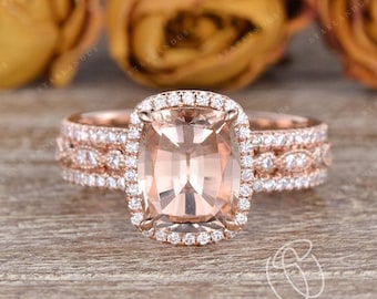 3ct Morganite Engagement Ring Cushion Cut Elongated Morganite Bridal Set 3pcs Rose Gold Classic Diamond Moissanite Women Art Deco Band