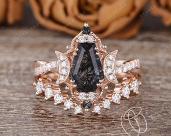 Coffin Cut Infinity Engagement Ring 2pcs Black Crystal Bridal Set 2pcs Rose Gold Wedding Ring Set Antique Ring Art Deco Open Wedding Band