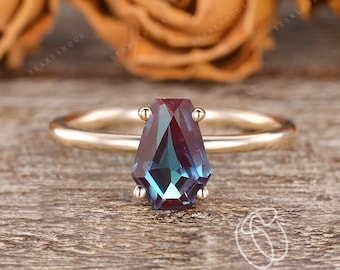 Sold 14K Gold Ring Coffin Alexandrite Ring Yellow Gold Engagement Ring Dainty Stacking Ring Minimalist Women Solitaire Wedding Hexagon Ring