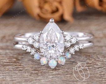 1.5ct Pear Shaped Moissanite Ring Opal Wedding Band Women White Gold Stacking Cluster Engagement Ring Pear Shaped Engagement Ring 2pcs